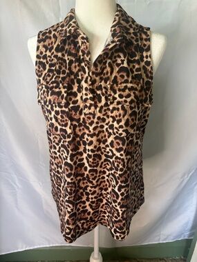 Blue Mood Leopard Print Sleeveless Top Large Button Front Stud Pockets Cheetah